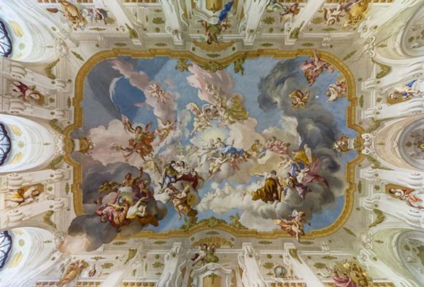 L'harmonie entre la religion et la science, fresque du plafond de la salle de marbre de l'abbaye de Seitenstetten (Basse-Autriche) par Paul Troger, 1735.