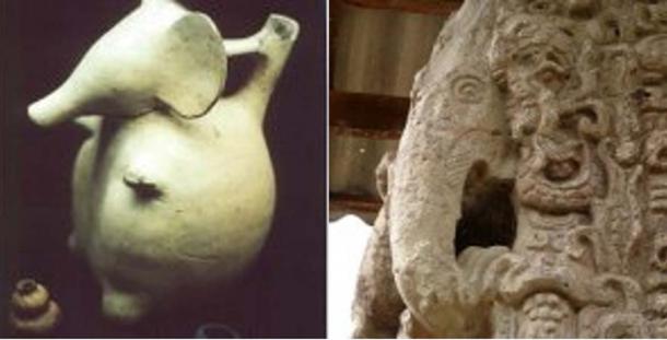 Poterie olmèque (à gauche) - Crédit : Zecharia Sitchin. Sculpture maya (à droite) - Crédit : Robin Heyworth (auteur fourni)