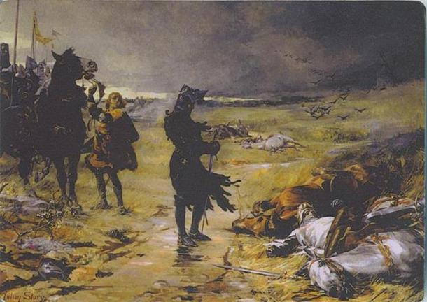 Peinture de Julian Russel Histoire du prince noir à la bataille de Crécy. À ses pieds repose le corps du roi Jean de Bohème, mort. (Domaine public)