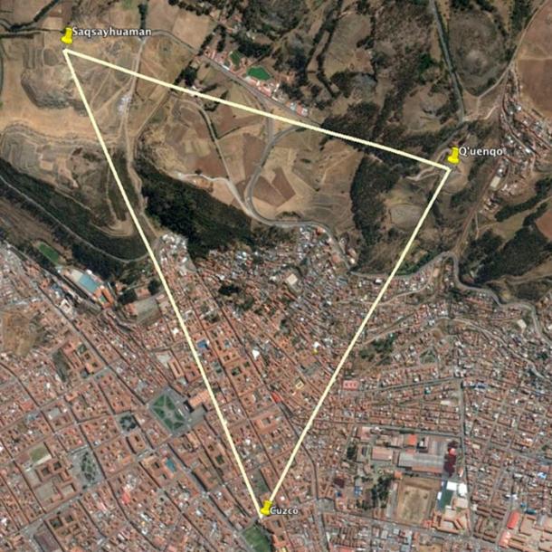 Le nombril de Cuzco, le fer à cheval de Saqsayhuaman et la chambre rituelle de Q'uenqo forment un triangle isocèle.