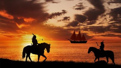 Native Americans see the arrival of an explorer’s ship. Credit: ginettigino / Adobe Stock