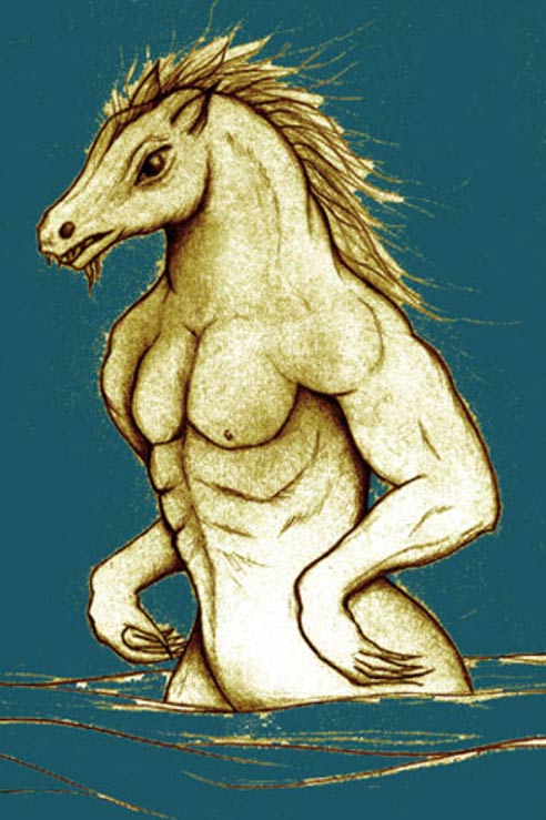 Représentation de chaque-uisge, un cheval d'eau surnaturel trouvé dans les lochs d'Écosse.