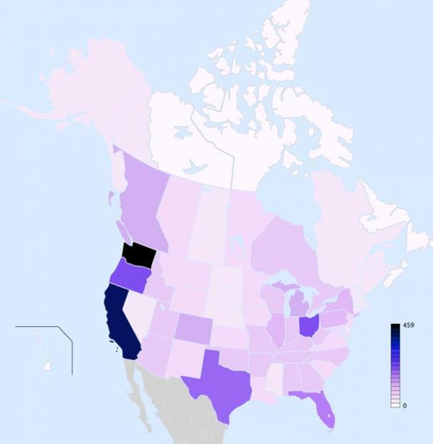 Carte des observations de Bigfoot signalées en Amérique du Nord (2008) 
