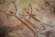 Ancient Aboriginal drawings of mythical quinkins/yowies. Laura, Australia.