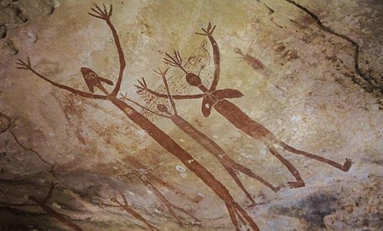 Ancient Aboriginal drawings of mythical quinkins/yowies. Laura, Australia.
