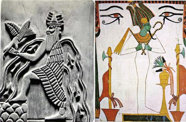 Représentations du dieu sumérien Enki et du dieu égyptien Osiris