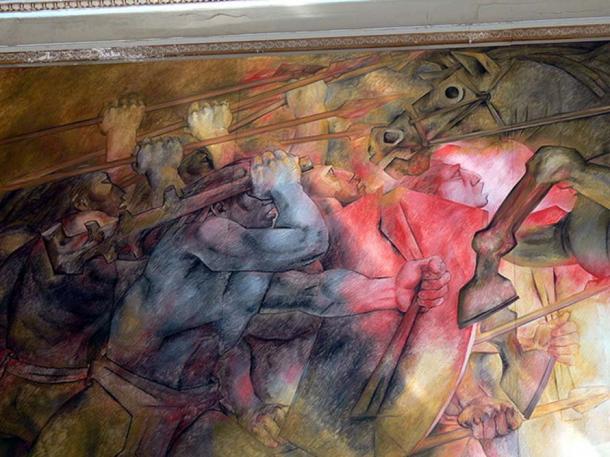 Fresques murales de Fernando Castro Pacheco : guerrier maya luttant contre les conquistadors espagnols (détail). 