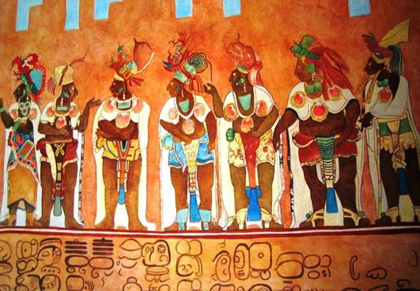 Il s'agit d'une copie d'artiste d'une peinture murale du temple des peintures murales à Bonampak, un site archéologique maya. 