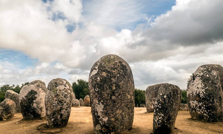 Almendres cromlech megaliths. Evora, Portugal.
