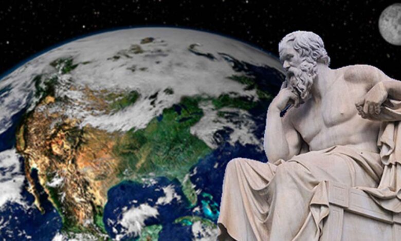 The Statue of Socrates at the Academy of Athens. Work of Leonidas Drosis (d. 1880). (C messier/CC BY SA 4.0) Background: This NASA image shows Earth from space. The image is a combination of data from two satellites.