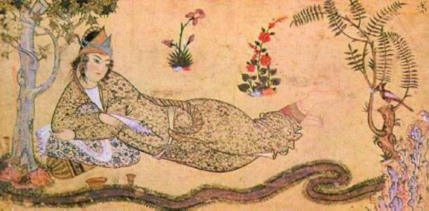 Bilqis allongé dans un jardin, la reine de Saba face à la huppe, le messager de Salomon. (Shakko / Domaine public)