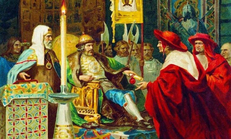 Prince Alexander Nevsky receiving papal legates. Source: Shakko / Public Domain.