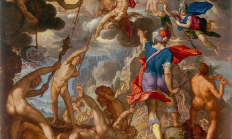 The Battle between the Gods and the Titans by Joachim Wtewael. The beginning of the Greek Gods