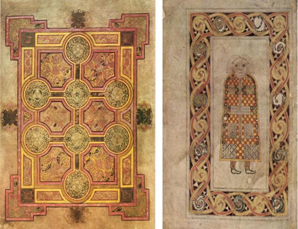 Figure 4.2. A gauche : Livre de Kells, page de tapis, folio 33 v2, 9e siècle. A droite : Matthieu, Livre de Durrow, page d'auteur, VIIe-VIIIe siècles