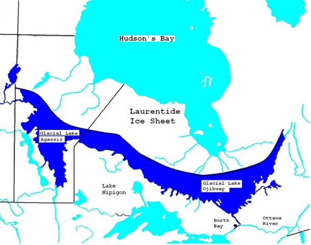 Carte du lac glaciaire Agassiz et du lac Ojibway ca 7900 YBP. 