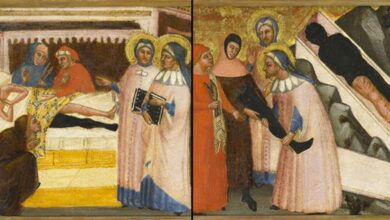 The painting of Saints Cosmas and Damian that shows the reported miraculous healing of a man by amputating his leg and transplanting the healthy leg of a dead man onto his body, then placing the diseased leg in the casket of the deceased.