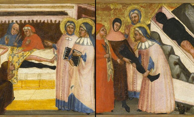 The painting of Saints Cosmas and Damian that shows the reported miraculous healing of a man by amputating his leg and transplanting the healthy leg of a dead man onto his body, then placing the diseased leg in the casket of the deceased.