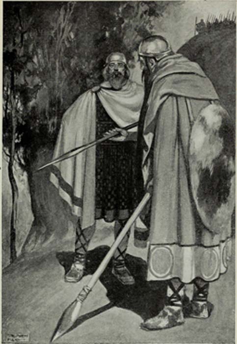 Un conte de Fir Bolg : L'expulsion du roi Bres, d'après une illustration de 1910 (domaine public)