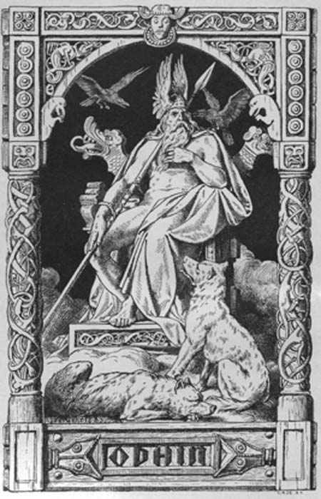 Odin sur un trône, sa lance à la main, flanqué des corbeaux Hugin et Munin et des loups Geri et Freki, gravé sur bois par Johannes Gehrts du Valhalla. Des divinités germaniques et des légendes héroïques. (Domaine public)