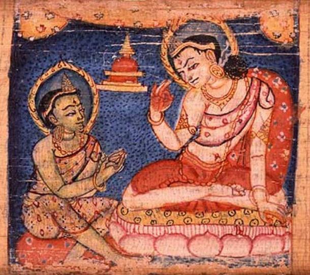 Sudhana apprenant de l'un des cinquante-deux enseignants tout au long de son voyage vers l'illumination. Manuscrit sanskrit, 11-12e siècle.