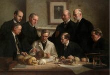 A portrait painted by John Cooke in 1915 showing scientists involved in the Piltdown man case: F. O. Barlow, G. Elliot Smith, Charles Dawson, Arthur Smith Woodward. Front row: A. S. Underwood, Arthur Keith, W. P. Pycraft, and Sir Ray Lankester.