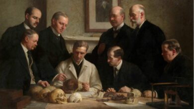 A portrait painted by John Cooke in 1915 showing scientists involved in the Piltdown man case: F. O. Barlow, G. Elliot Smith, Charles Dawson, Arthur Smith Woodward. Front row: A. S. Underwood, Arthur Keith, W. P. Pycraft, and Sir Ray Lankester.