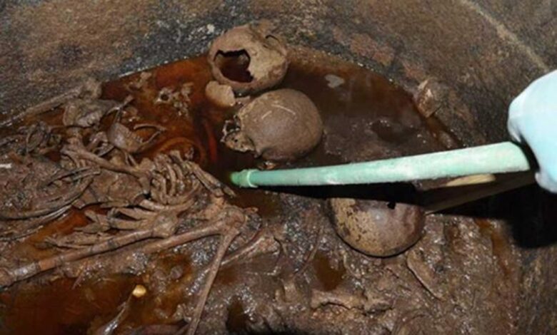 The black sarcophagus was found to contain three skeletons and lots of sewage.