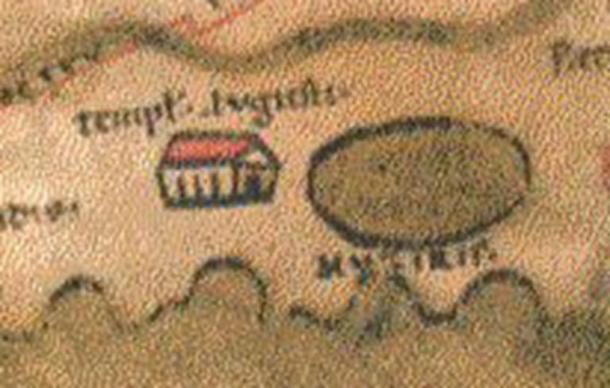 Encart de la carte Tabula Peutingeriana montrant un temple romain.