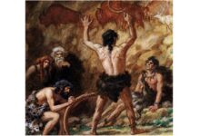 Cro-Magnon man communicating with each other and producing cave drawings