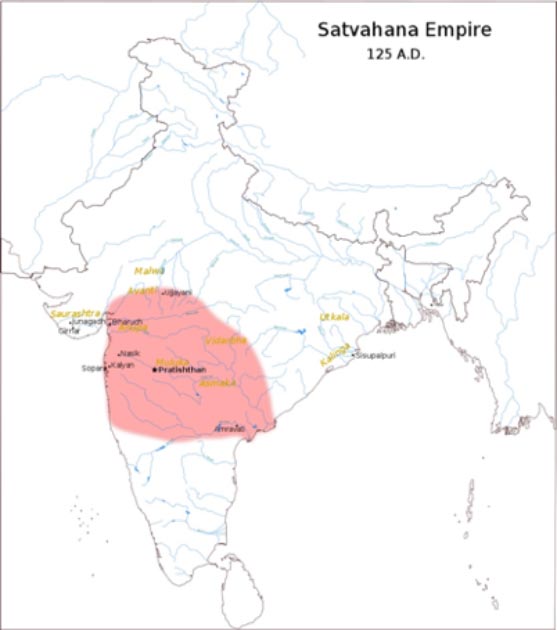 Étendue approximative de l'empire Satavahana sous Gautamiputra Satakarni, 124 après J.-C., comme le suggère l'inscription Nashik prashasti. (Chetanv / CC BY-SA 3.0)
