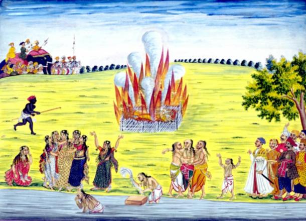 Sati, une vieille tradition hindoue qui veut qu'une veuve s'immolera après la mort de son mari, généralement sur le bûcher funéraire de celui-ci. (Unibond / Domaine public)