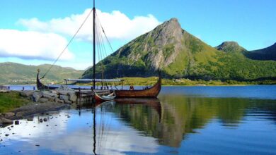Replica of 9th century Viking ship docked in Norway.