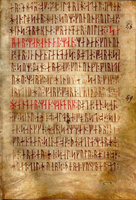 Texte connu sous le nom de Codex runicus, un manuscrit sur vélin datant de 1300 environ, contenant l'un des textes les plus anciens et les mieux conservés de la loi scanienne (Skånske lov), écrit entièrement en runes. 