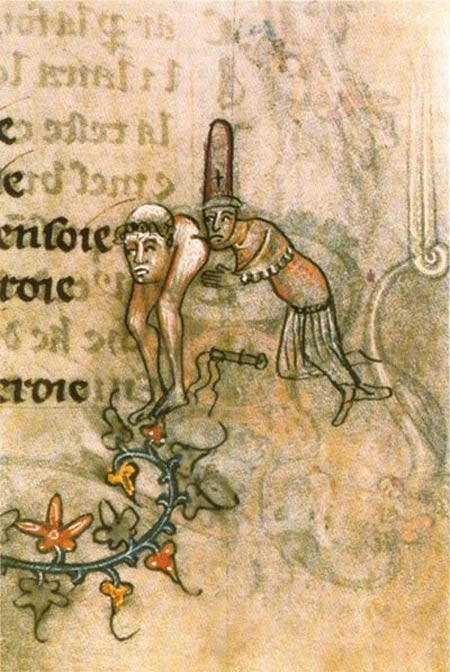 L'illustration du manuscrit (c. 1350) fait allusion à l'accusation de 