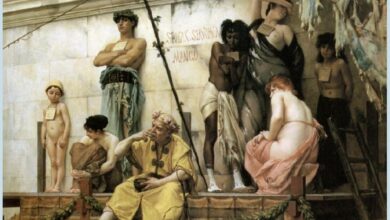 ‘The Slave Market’ (1882) by Gustave Boulanger. From her childhood as a slave, Neaera was trained for the life of a Classical Greek courtesan. Source: Public Domain