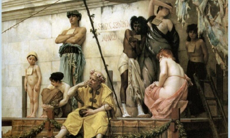 ‘The Slave Market’ (1882) by Gustave Boulanger. From her childhood as a slave, Neaera was trained for the life of a Classical Greek courtesan. Source: Public Domain