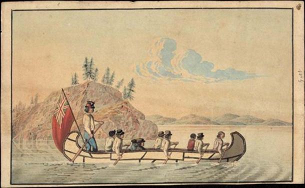 Illustration de 1825 de fonctionnaires de la Compagnie de la Baie d'Hudson dans un canoë express traversant un lac. (Domaine public)