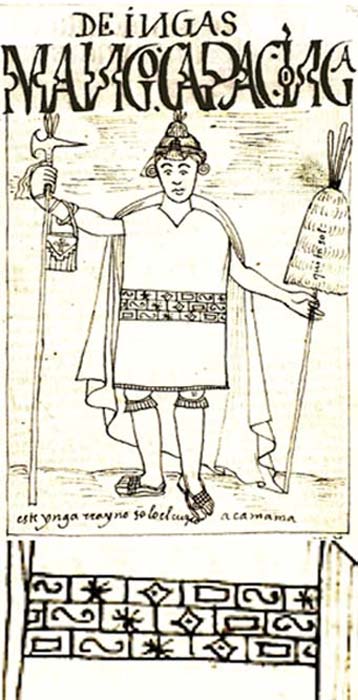 Représentation de Manco Cápac par Felipe Huaman Poma de Ayala et détail des symboles sur ses vêtements. (Domaine public)