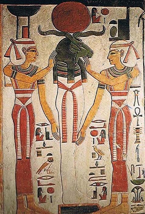 Osiris et Rê ont fusionné en un seul corps, issu de la Litanie de Rê dans le tombeau de Nofretari 