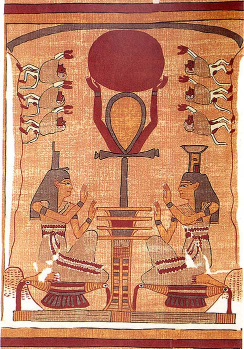 Fac-similé d'une vignette du Livre des morts d'Ani. Le disque solaire du dieu Râ est élevé dans le ciel par un signe ankh- (signifiant la vie)
