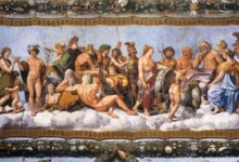 Assembly of twenty gods, predominantly the Twelve Olympians, as they receive Psyche (Loggia di Psiche, 1518–19, by Raphael and his school, at the Villa Farnesina).