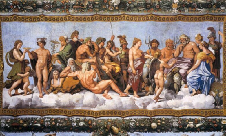 Assembly of twenty gods, predominantly the Twelve Olympians, as they receive Psyche (Loggia di Psiche, 1518–19, by Raphael and his school, at the Villa Farnesina).