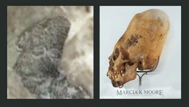 Figure 3(a) (gauche) - un humanoïde étrange, presque extraterrestre, semblable au crâne allongé de la figure 3(b) (droite). (auteur fourni) La photographie du crâne allongé, Fig. 3(b) est reproduite avec l'aimable autorisation de l'artiste des Beaux-Arts et de la reconstruction faciale, Marcia K Moore, Ciamar Studio, USA. Sa silhouette squelettique est utilisée comme pièce de comparaison avec la sculpture unique découverte sur l'île de Mariambo, figure 3(a).