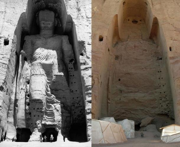 Le grand Bouddha de Bamiyan en 1963 et en 2008 après sa destruction