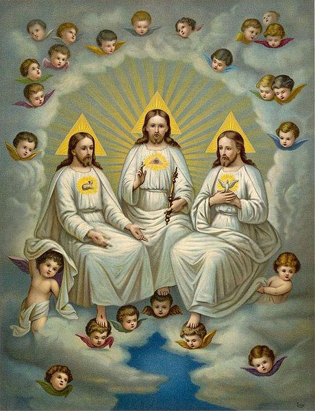 Une représentation de la Sainte Trinité chrétienne. Les personnes de la Trinité sont identifiées par des symboles sur leur poitrine : Le Fils a un agneau, le Père, un œil de la Providence, et l'Esprit une colombe.