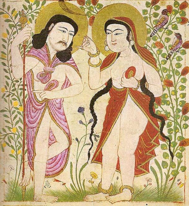 Peinture de Manafi al-Hayawan (Les animaux utiles), représentant Adam et Eve. De Maragh en Iran mongol.
