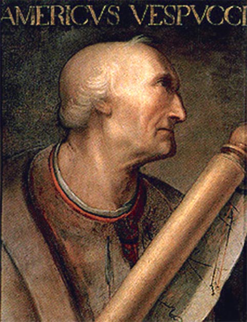 Portrait d'Amerigo Vespucci avec une carte. Peut-être peint par Cristofano dell'Altissimo.    Source : Domaine public