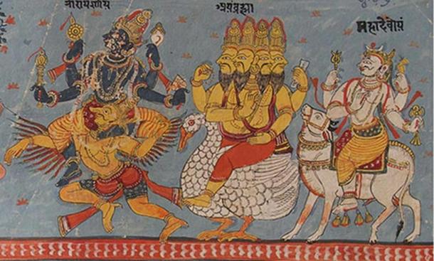 Les Trimurti hindous : Vishnu, Brahma et Shiva assis sur leurs montures respectives. 