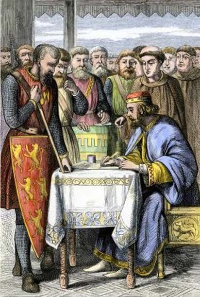 Le roi Jean d'Angleterre signe la Grande Charte le 15 juin 1215 à Runnymede ; gravure sur bois colorée, 19e siècle. (Domaine public)