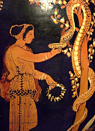 Jarre à huile (lekythos) avec le pommier serpentaire dans le Jardin des Hespérides. Fabrication grecque à Paestum en Italie du Sud 350-340 avant J.-C. Terre cuite.